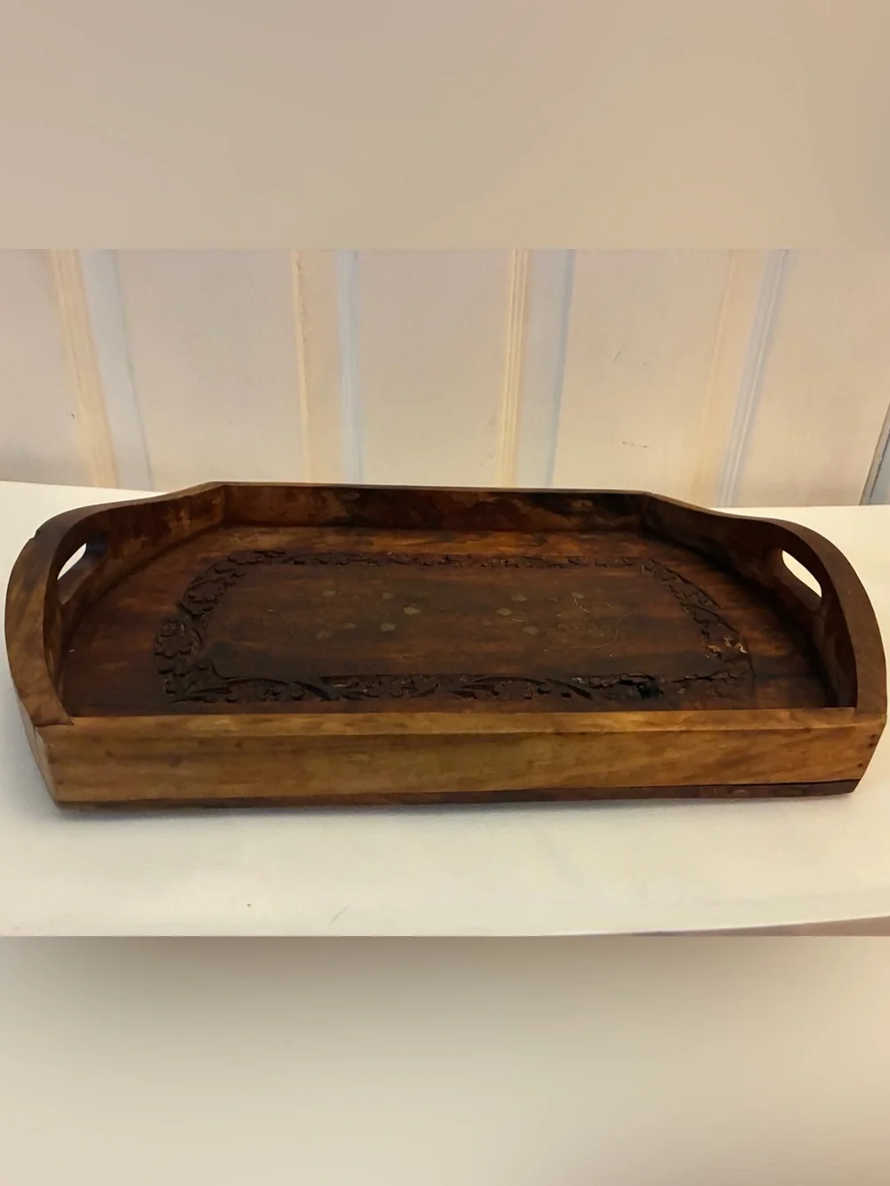 Vintage Indian Carved Wooden Tray Brass Floral Inlay 14.75x10 Farmhouse (as is)
